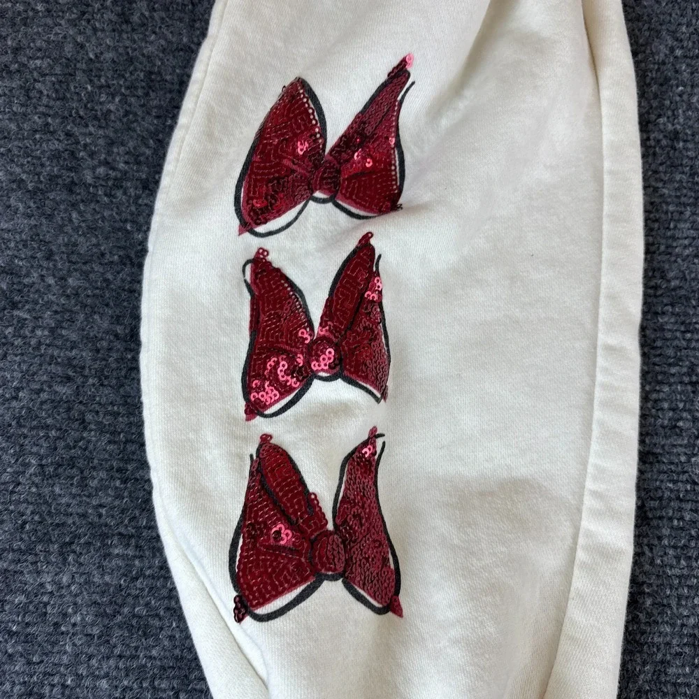 Disney Minnie Mouse Sweatpants Womens‎ 35x26 Cream Red Sequin Bow Tapered Leg